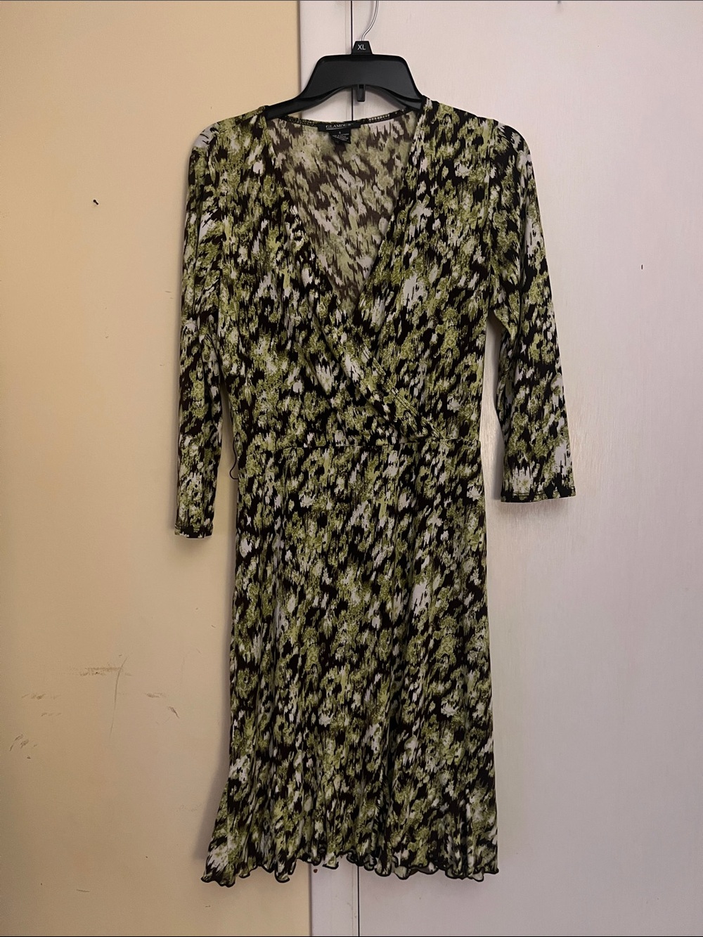Olive Green and Black Printed Long Sleeve Wrap Dress